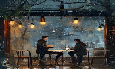 探花系列场景故事合集，咖啡馆内两个陌生人相遇的瞬间，窗外雨天背景，情绪细腻