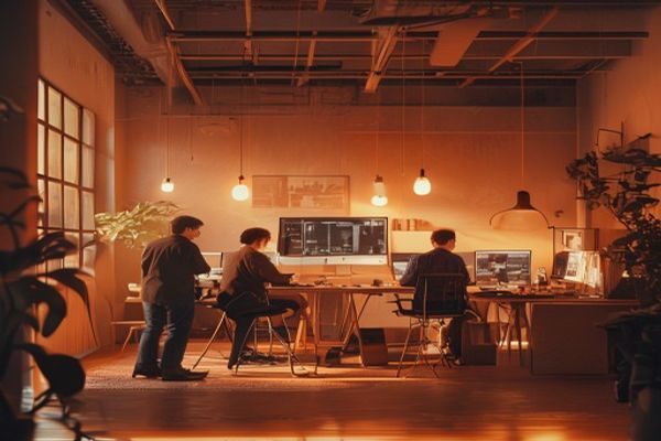 探花系列编辑团队在温暖的木质工作室内进行内容精选审核，暖橙色灯光营造复古专业氛围